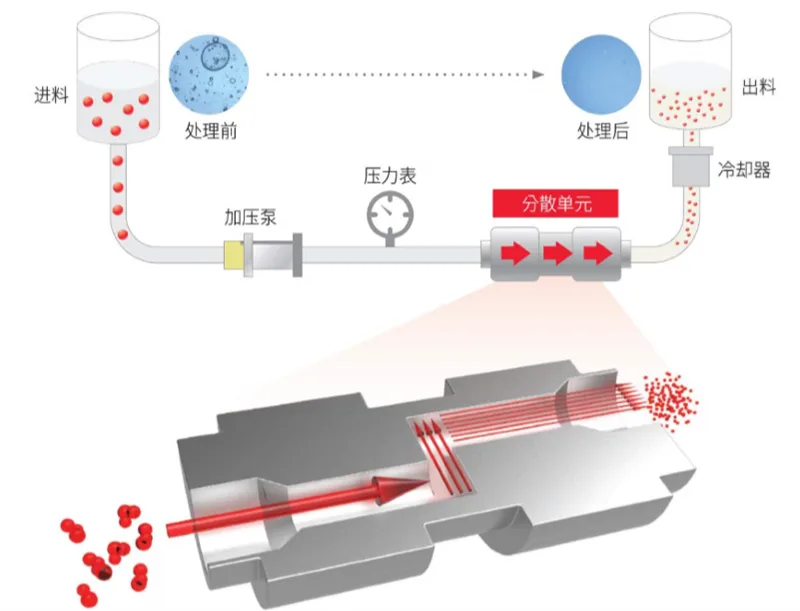 Microfluidizer material flow and dispersion principle