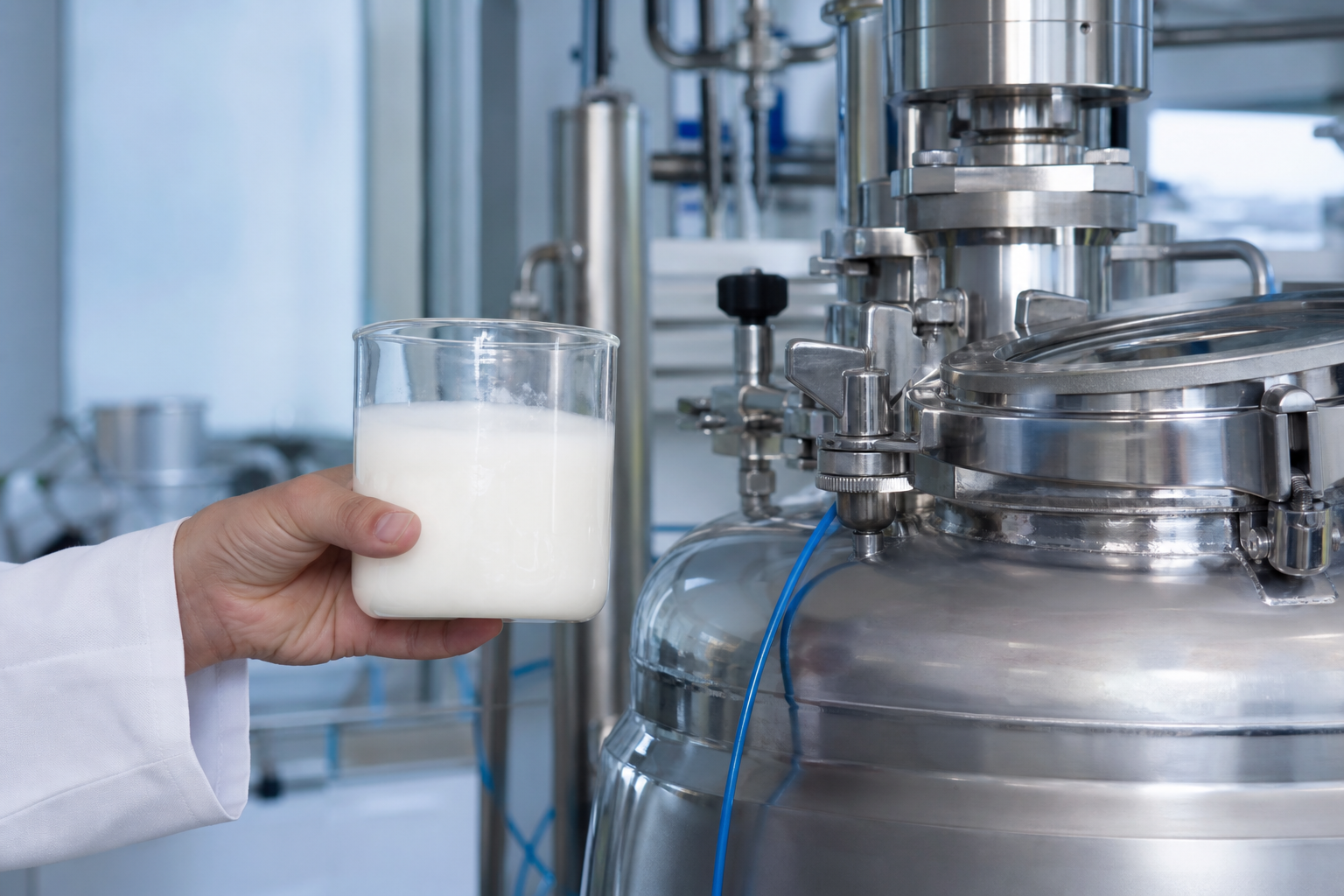 High-pressure emulsification process in a stainless steel production environment
