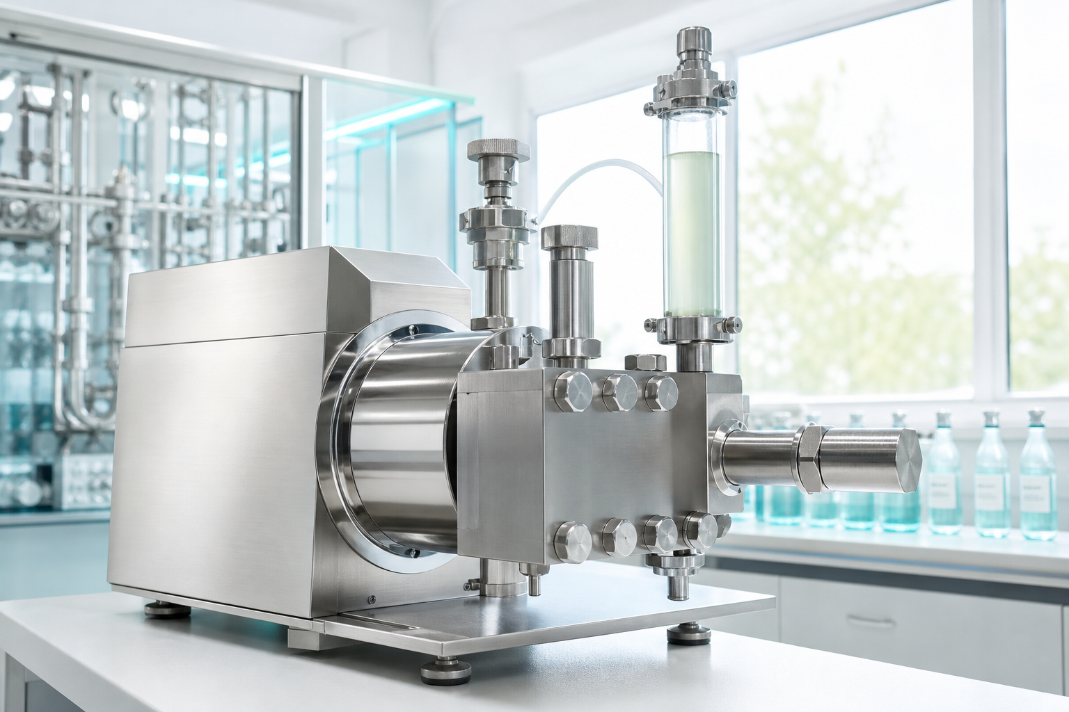High-pressure homogenizer for nano dispersion in a clean process laboratory