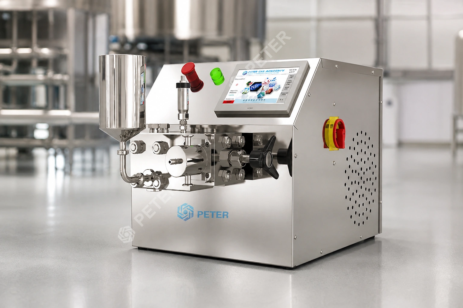 CAS PETER PT-20 high-pressure homogenizer in a hygienic dairy pilot factory