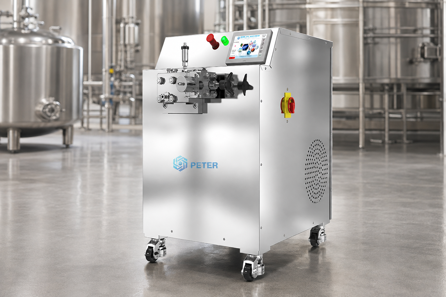 CAS PETER PT-40 high-pressure homogenizer in a food processing pilot factory