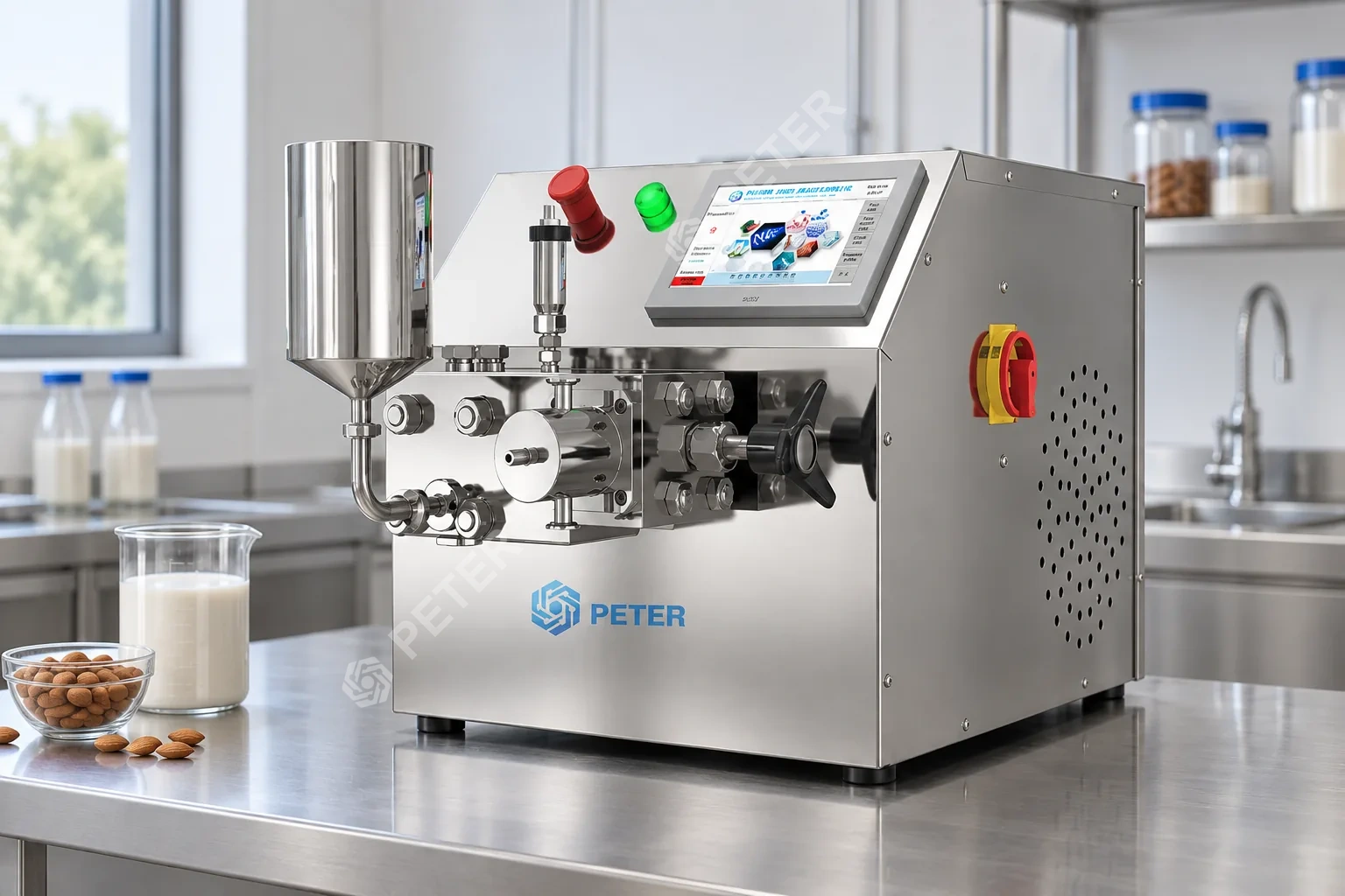 CAS PETER laboratory high-pressure homogenizer in an almond-milk pilot room