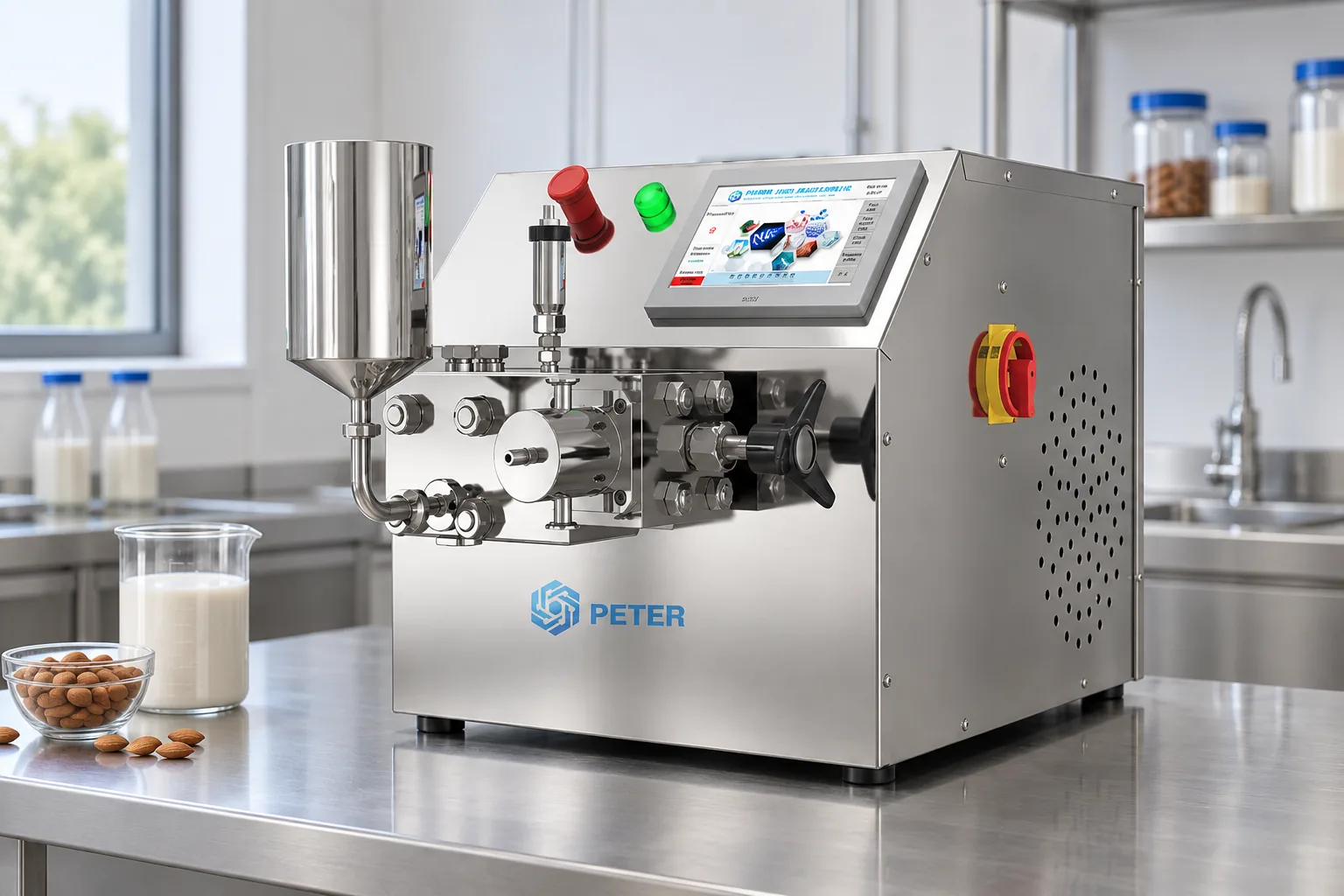 CAS PETER laboratory high-pressure homogenizer in an almond-milk pilot room