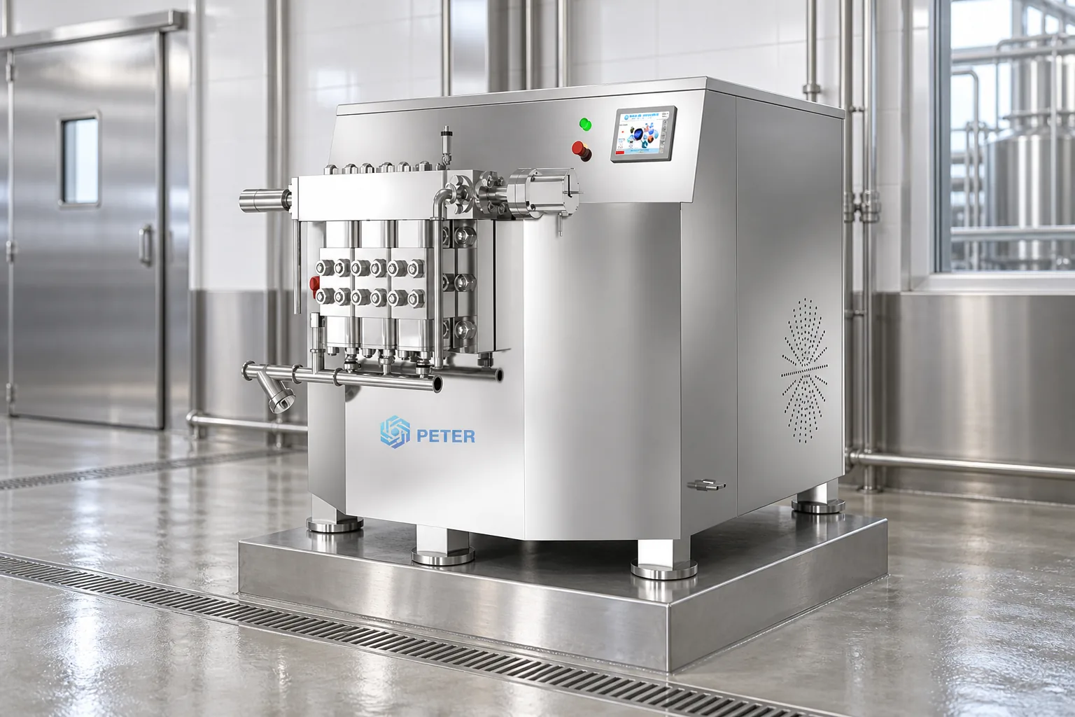 CAS PETER production high-pressure homogenizer in a hygienic dairy factory