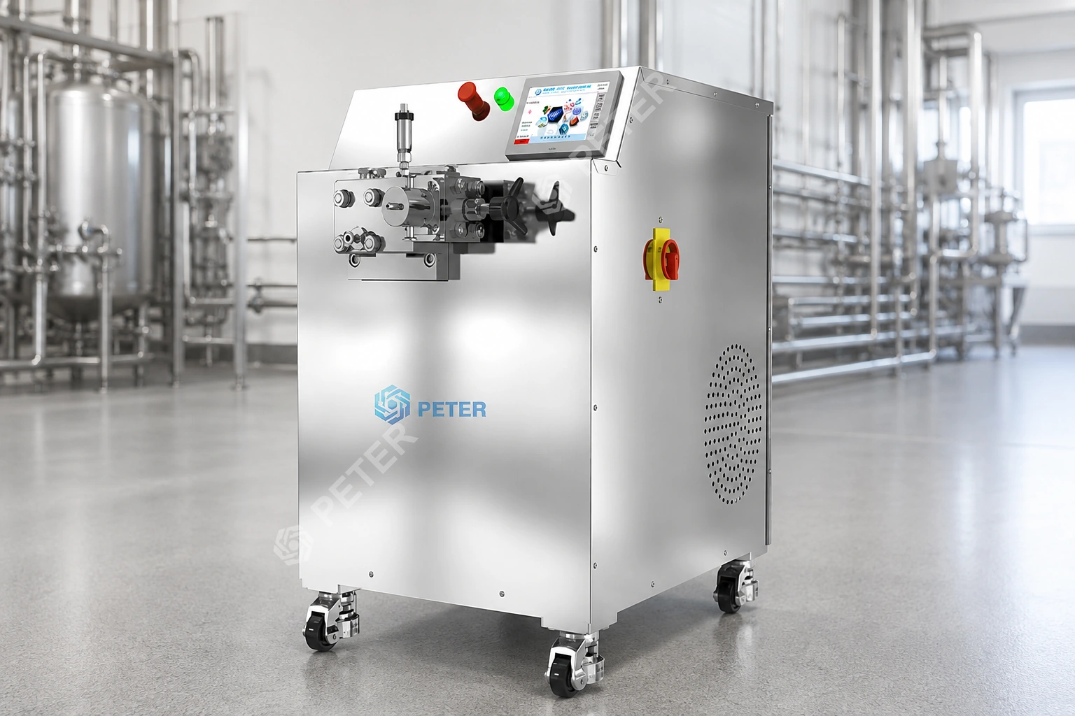 CAS PETER PT-40 high-pressure homogenizer in a small-batch dairy and juice factory