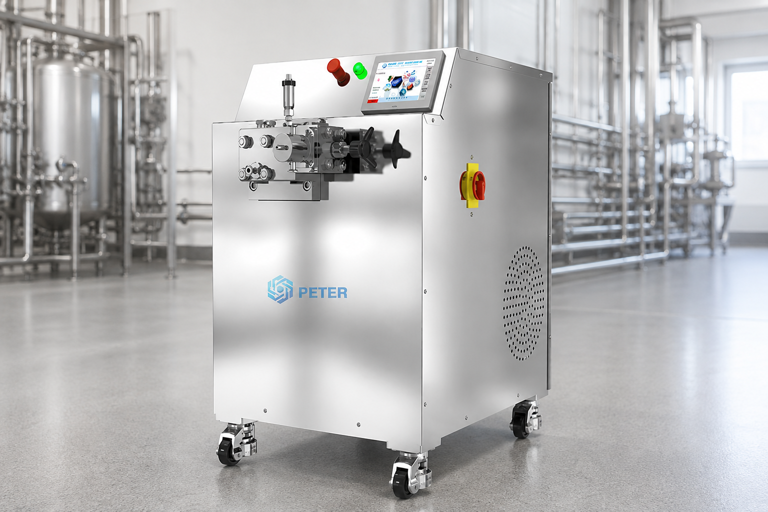 CAS PETER PT-40 high-pressure homogenizer in a small-batch dairy and juice factory