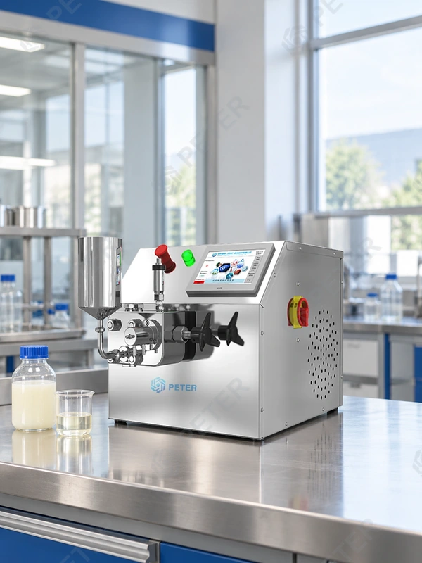 CAS PETER PT10 high-pressure homogenizer in an illustrative industrial factory process-development area; sample preparation for a trial