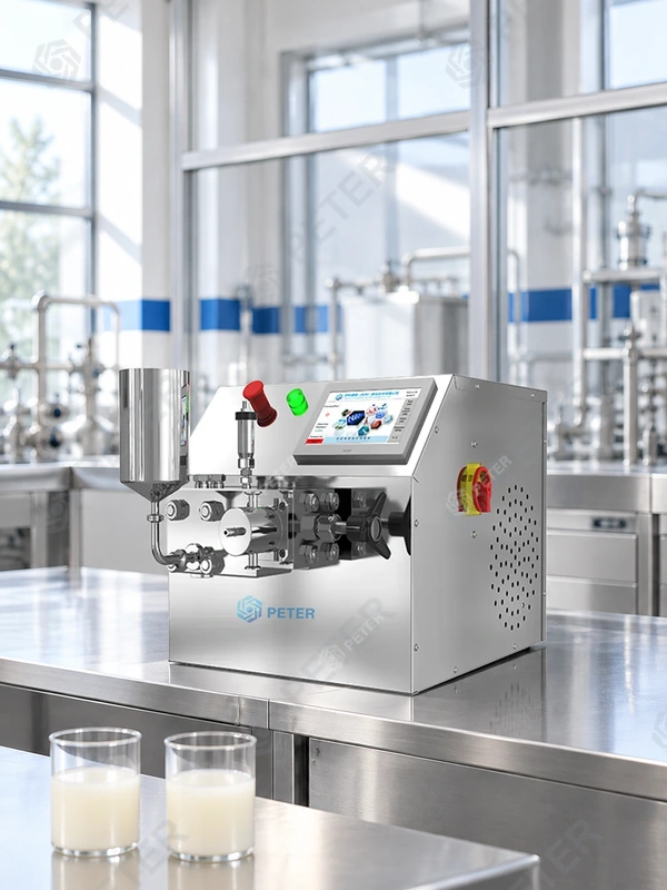 CAS PETER PT20 high-pressure homogenizer in an illustrative industrial factory process-development area; independent formulation sample review