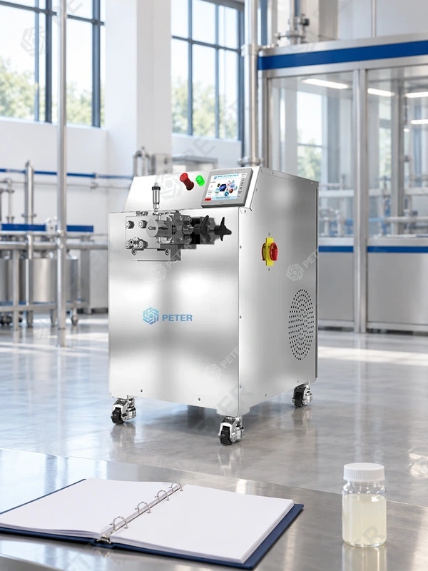 CAS PETER PT40 high-pressure homogenizer in an illustrative industrial factory process-development area; equipment and documentation review