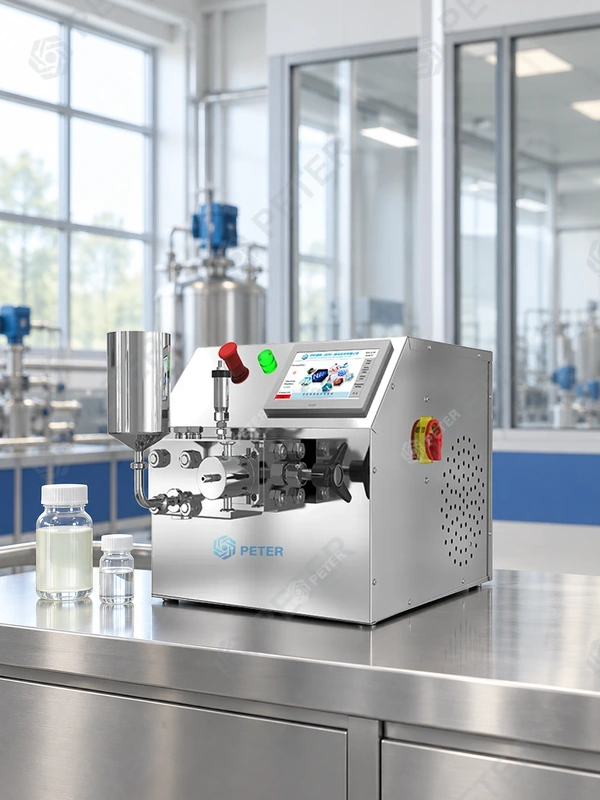 CAS PETER PT20 high-pressure homogenizer in an illustrative industrial factory process-development area; sample preparation for a trial