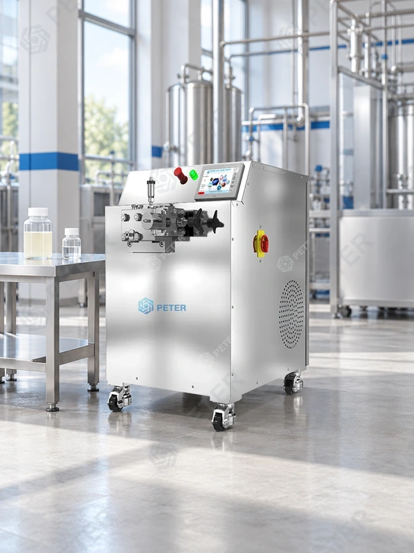 CAS PETER PT40 high-pressure homogenizer in an illustrative industrial factory process-development area; sample preparation for a trial