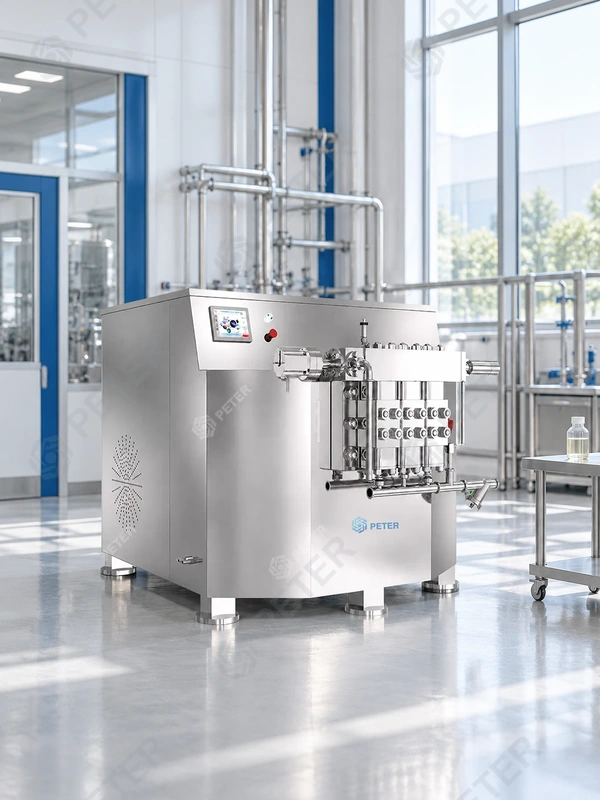 CAS PETER PT1000 high-pressure homogenizer in an illustrative bioprocess-factory development laboratory; visible exterior and inspection access