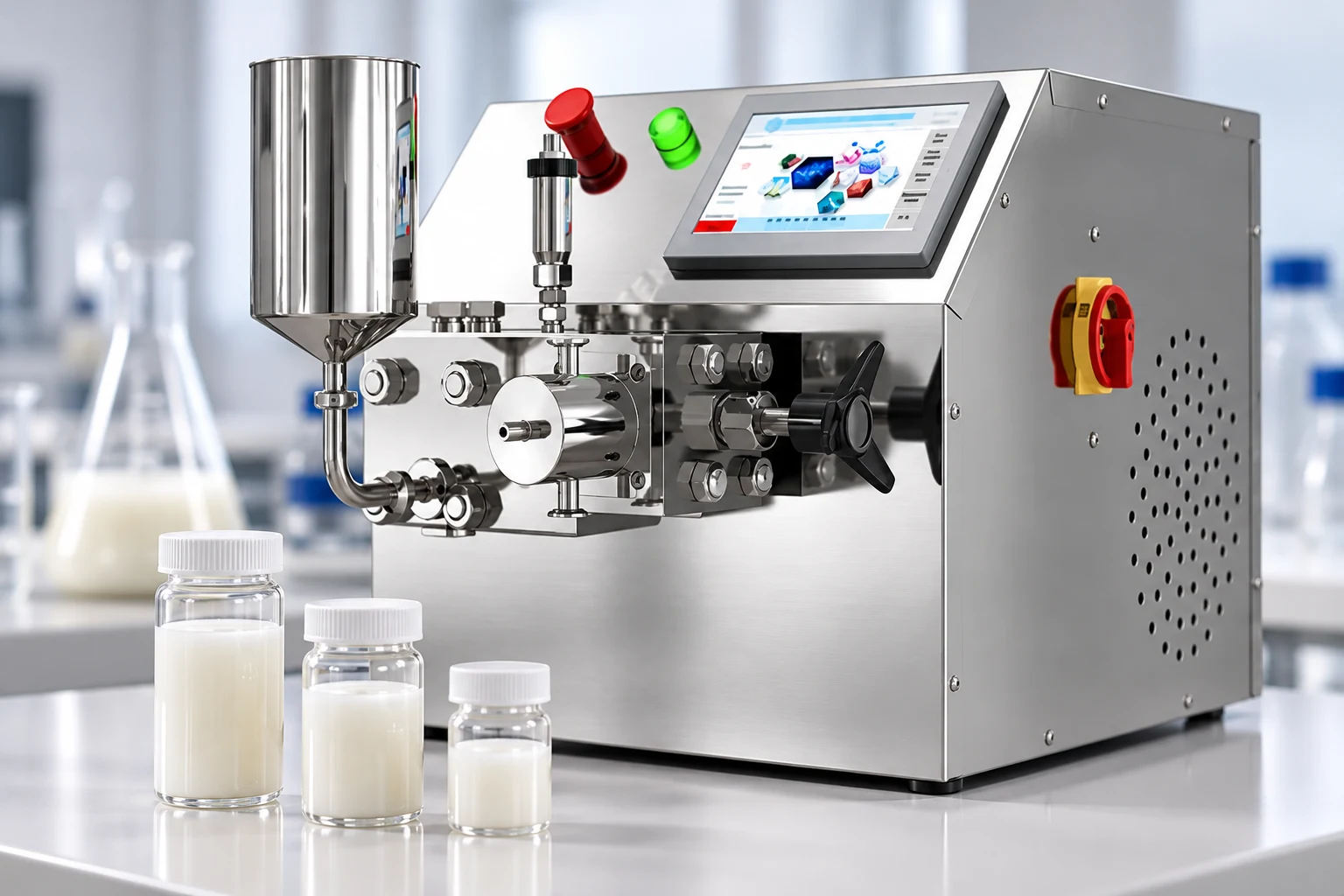 PT-20 homogenizer beside sealed emulsion sample vials in an illustrative laboratory
