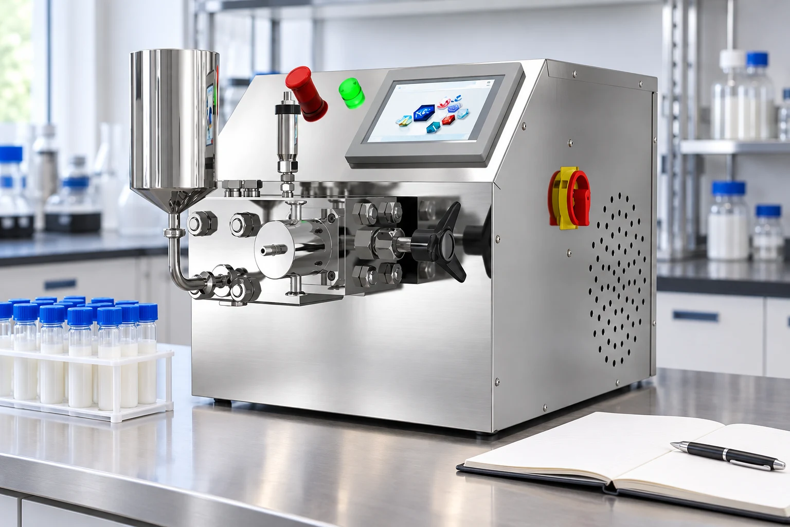 PT-20 homogenizer with sealed sample rack and notebook in an illustrative trial documentation setting