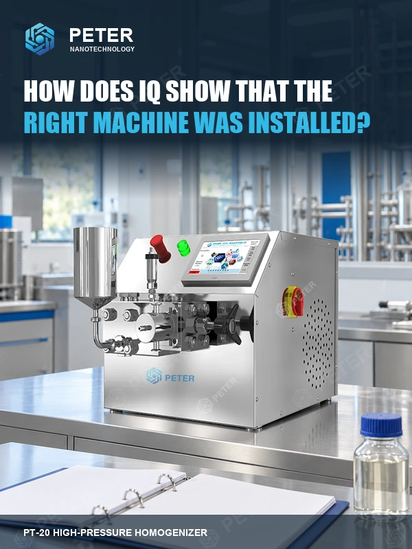CAS PETER PT-20 high-pressure homogenizer in an illustrative factory; How does IQ show that the right machine was installed?. Branded article visual, not an actual installation or performance result.