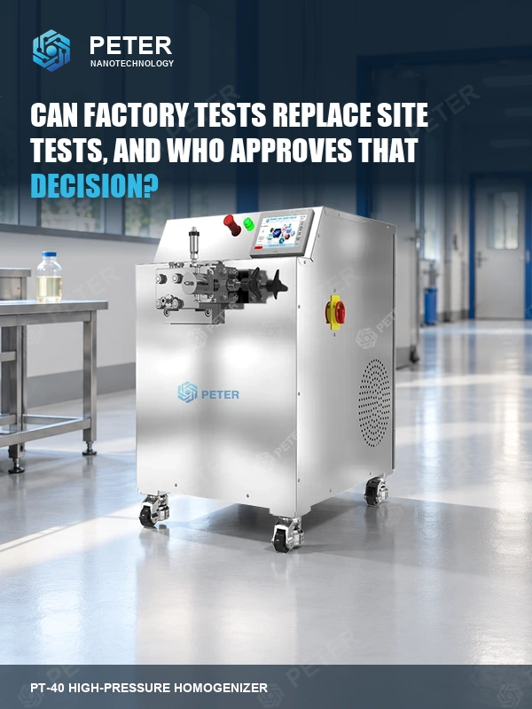 CAS PETER PT-40 high-pressure homogenizer in an illustrative factory; Can factory tests replace site tests, and who approves that decision?. Branded article visual, not an actual installation or performance result.