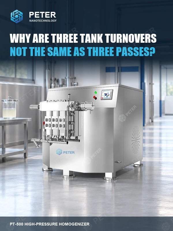 CAS PETER PT-500 high-pressure homogenizer in an illustrative factory; Why are three tank turnovers not the same as three passes?. Branded article visual, not an actual installation or performance result.