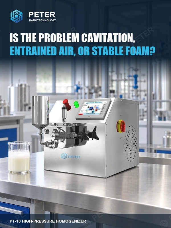 CAS PETER PT-10 high-pressure homogenizer in an illustrative factory; Is the problem cavitation, entrained air, or stable foam?. Branded article visual, not an actual installation or performance result.