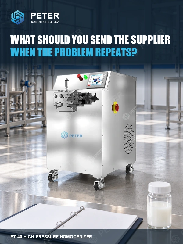 CAS PETER PT-40 high-pressure homogenizer in an illustrative factory; What should you send the supplier when the problem repeats?. Branded article visual, not an actual installation or performance result.