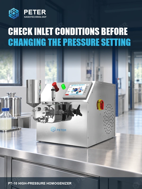 CAS PETER PT-10 high-pressure homogenizer in an illustrative factory; Check inlet conditions before changing the pressure setting. Branded article visual, not an actual installation or performance result.