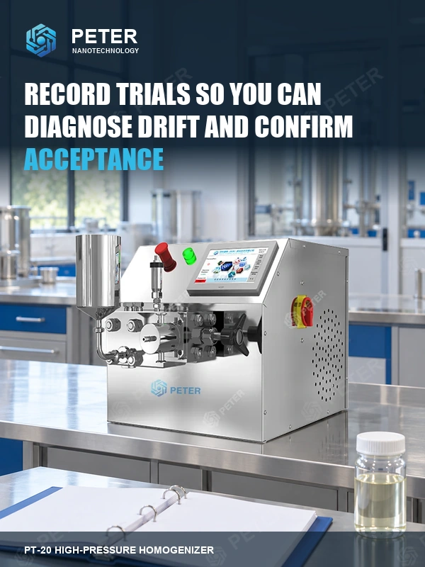 CAS PETER PT-20 high-pressure homogenizer in an illustrative factory; Record trials so you can diagnose drift and confirm acceptance. Branded article visual, not an actual installation or performance result.